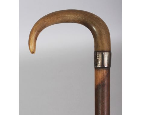 ANOTHER HORN HANDLED & WOOD WALKING STICK, with a hallmarked plain silver collar, the horn possibly rhinoceros horn, 35.25in 