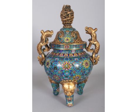 A LARGE GOOD QUALITY CHINESE CLOISONNE & GILT METAL TRIPOD CENSER & COVER, 16.5in high.