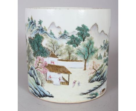 A GOOD QUALITY CHINESE FAMILLE ROSE RIVER LANDSCAPE PORCELAIN BRUSHPOT, the base with a Daoguang seal mark, 5.5in diameter at