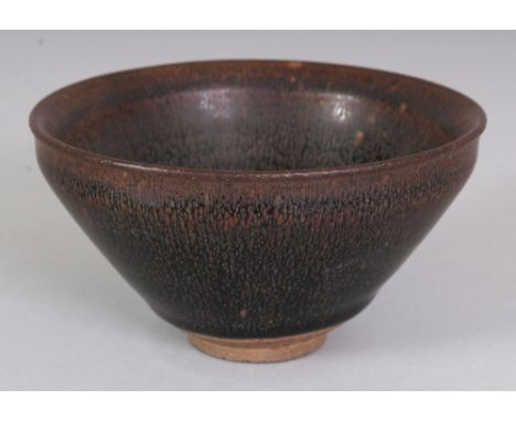 A CHINESE SONG STYLE JUN WARE HARE'S FUR CERAMIC BOWL, the unglazed base with incised characters, 4.75in diameter & 2.6in hig
