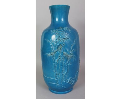 A LARGE CHINESE WANG BINRONG STYLE TURQUOISE GLAZED MOULDED PORCELAIN VASE, the base moulded with a Wang Binrong seal mark, 1