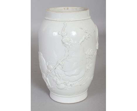 A CHINESE WHITE GLAZED WANG BINRONG TYPE MOULDED PORCELAIN JAR, the sides decorated in relief with Shou Lao in the company of