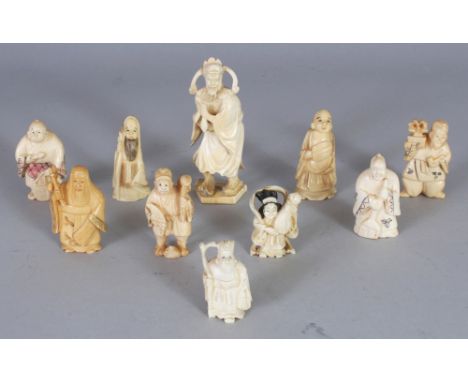 A MIXED GROUP OF TEN EARLY 20TH CENTURY JAPANESE IVORY NETSUKE &amp; OKIMONO, the largest 3.6in high. (10)