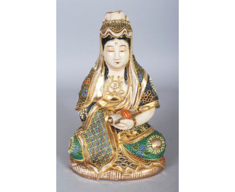 AN EARLY 20TH CENTURY JAPANESE SATSUMA STYLE CERAMIC FIGURE OF KWANNON, 8.5in high.