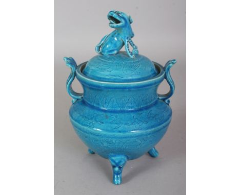 A CHINESE MING STYLE TURQUOISE GLAZED & UNDERGLAZE DECORATED TRIPOD CENSER & COVER, the base with a six-character Hongzhi mar