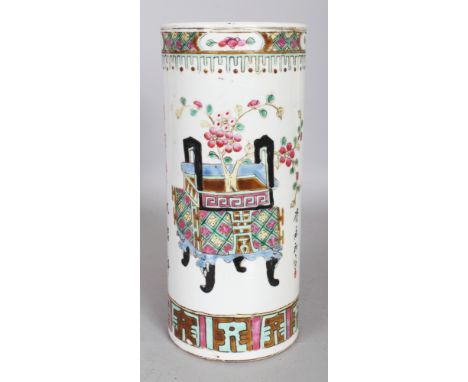 A 20TH CENTURY CHINESE FAMILLE ROSE CYLINDRICAL PORCELAIN VASE, decorated with censers, the base with an indistinct seal mark