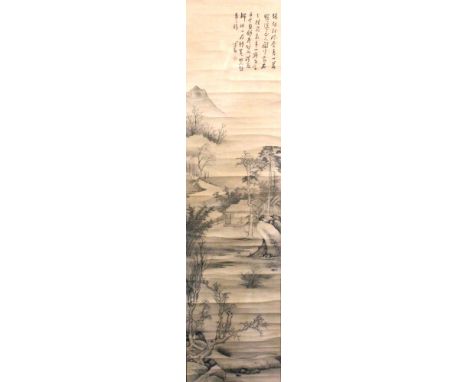 ANOTHER CHINESE HANGING SCROLL PICTURE, depicting a river landscape scene, the picture itself approx. 53.5in x 12.75in.
