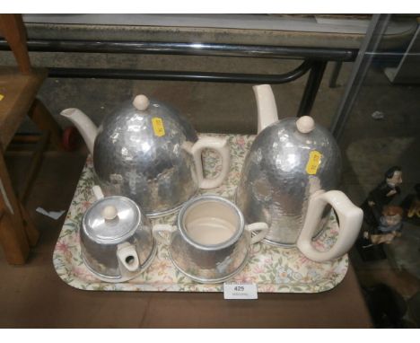 vintage 4 piece metal tea set with pottery liners