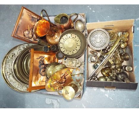Two boxes containing a very large quantity of copper, brass and plated ware to include trench art, oil lamp, The Protector Ec