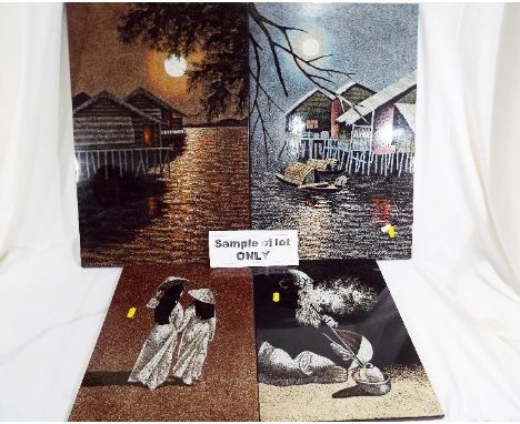 A collection of ten unusual wall plaques depicting various Asian scenes made from sand and ceramic tiles with a lacquered fin