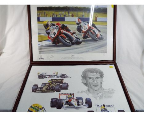 Two colour prints - No Quarter by Robert Tomlin, a colour print depicting Steve Hislop, 2002 British Superbike Champion, issu