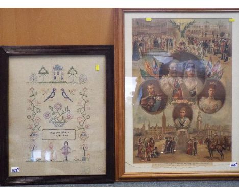 A cross stitch sampler displaying Rozena Kratz. 1774 - 1864, framed under glass, image size 52 cm x 42.5 cm and a Royal comme