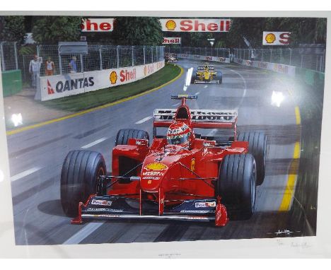 A colour print entitled 'Fast Eddie's First', Eddie Irvine by Andrew Kitson, signed by the artist in pencil to the margin and