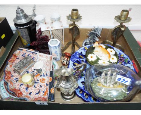 A good mixed lot to include a ship in a bottle, Asian ceramics, Royal Doulton, pair of brass candlesticks, a Myth and Magic s