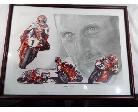 A colour print entitled Sporting Legends, Carl Fogarty by Stuart McIntyre, signed by the artist and dated 2000, image size 38