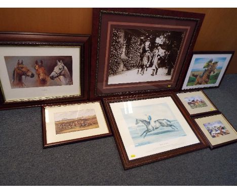 Seven prints depicting equestrian themes to include one limited edition colour print, predominantly mounted and framed under 