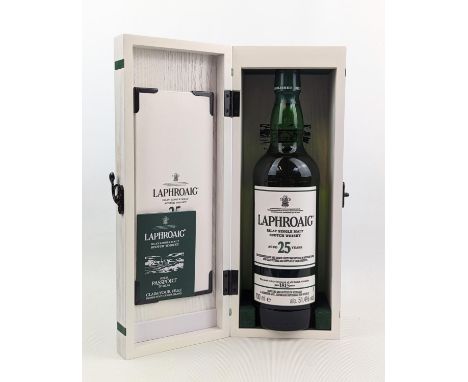 Laphroaig Islay Single Malt Scotch Whisky Aged 25 Years in White wooden presentation box and booklet 2019