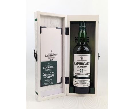 Laphroaig Islay Single Malt Scotch Whisky Aged 25 Years in White wooden presentation box and booklet 2019