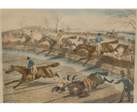 Ackermann's Series of National Steeple Chasrs, "The Dublin 1856,Leap the 9th Rail-Bank and Artificial Ditch 18 Feet" an origi