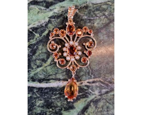 Good Quality Ladies Citrine and Seed pearl drop pendant in 9ct Gold Mount 7.8g total weight 