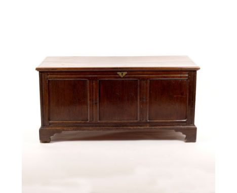 An 18th Century coffer with planked top and triple-panel front on bracket feet, 137cm wide