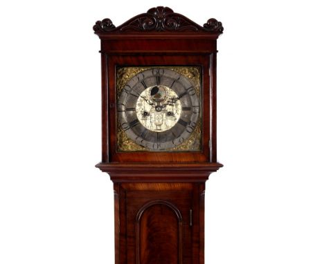 An 18th Century mahogany cased penny-moon longcase clock, Richard Hornby, Oldham, the square dial with silvered chapter ring,