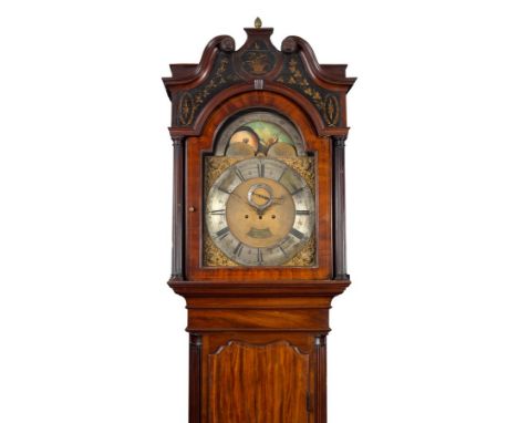 A George III mahogany eight-day longcase clock, the arched brass face with a lunar phase and ship aperture, the dial with the