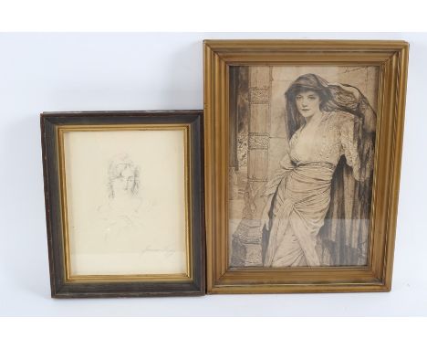 James Fogg/Portrait of a Young Girl/head and shoulders/signed/pencil sketch, 23.5cm x 18.5cm/ and a monochrome print of an od