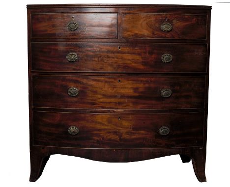 A George III mahogany bowfront chest, circa 1800, the moulded top above two short and three long drawers on splayed bracket f
