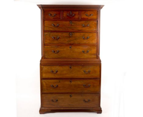 A George III chest on chest, fitted with three short over six long drawers, on bracket feet, 110cm wide (repairs) 