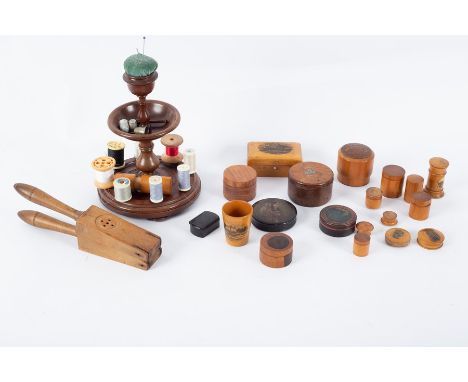 A collection of treen including cotton reel/bobbin stand, 28.5cm high, lemon squeezer, Mauchlinware box made from part of the