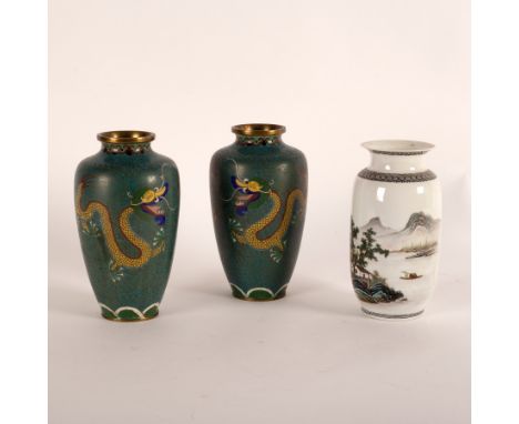 A pair of cloisonné vases decorated dragons, 18cm high and a Republic style porcelain vase, 17cm high CONDITION REPORT: Gener