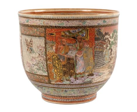 A Japanese Satsuma bowl by the Tohakuen workshop, Meiji period circa 1890s, decorated a panel of figures around a table to on