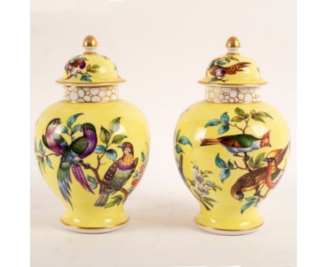 A pair of Dresden jars and covers, A R monogram, circa 1900, painted birds on a yellow ground, 25.5cm high
