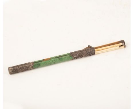 A Chinese shagreen and white metal mounted eating set, early 19th Century, comprising  chopsticks and a knife and fork, 32cm 