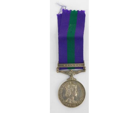 A Queen Elizabeth II General Service medal, marked T/23545436 DVR R JOHNSON RASC, the ribbon with Malaya clasp. 