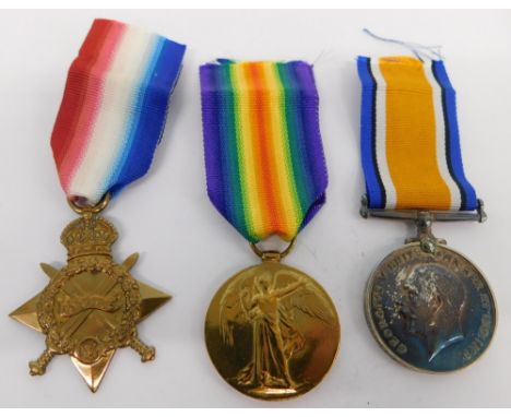 A WWI medal trio, comprising 1914-15 star, unmarked, a Campaign medal and Victory medal, each similarly marked PTE E WATERFAL