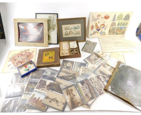 Various ephemera, games, toys, etc., trade cards, a quantity of indentures, serpent print, frame, Ekco lamps and fluorescent 