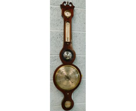 Molton, Norwich. A 19thC wheel barometer, mahogany, boxwood and ebony strung case, with silvered thermometer and dial, 100cm 