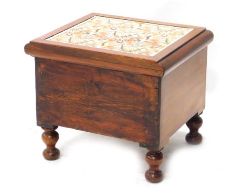 A Victorian flame mahogany commode, with embroidered top and fitted interior, on inverted double bun feet, 40cm high, 42cm wi