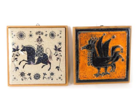 A Porsgrund Norwegian pottery griffin tile, in orange and black, on wooden backing, marked verso, 20cm x 18cm, and a further 