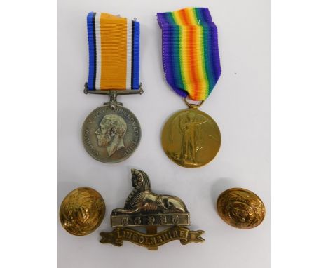 A WWI medal duo, comprising Campaign and Victory medals each similarly marked 35291 PTE F STOTHARD LINC R, a sphinx cap badge