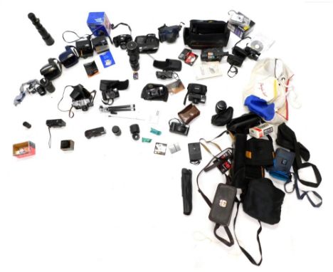 Various cameras and related effects, Fujifilm and others, a Praktica MTL58 camera, 11cm high, various others, Polaroid Super 
