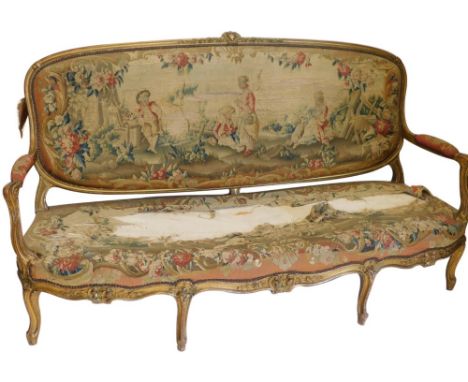 A Louis XVI style giltwood show frame sofa, with tapestry upholstery (AF), 204cm over arms. 