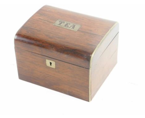 A Victorian rosewood and pewter strung tea caddy, with domed lid enclosing a painted wooden cover, 14cm wide.
