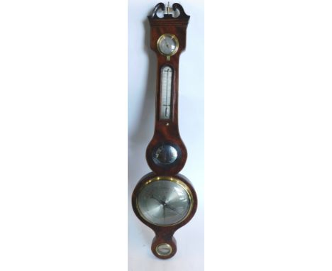 Cetti and Co, London. A 19thC wheel barometer, in mahogany, boxwood and ebony strung case, with silvered thermometer, dial, e