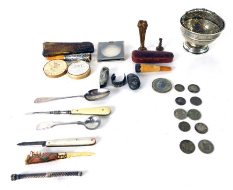 Various silver etc., to include silver spoons, white metal cutlery mounts, knives, seal, Victorian Royal Commemorative medall