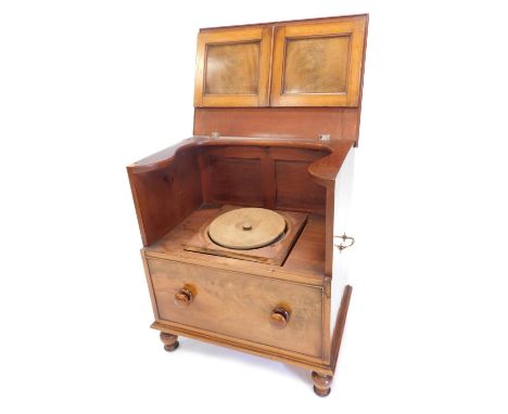 A 19thC mahogany box commode, the hinged panel front above single drawer on turned legs with brass side handles and fitted in