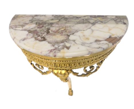 A 20thC giltwood console table, with veined marble finish top, with single acanthus carved leg and scroll and bead embellishm