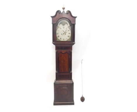 A 19thC moon rolling longcase clock, the painted arched Roman numeric dial with a painted arch, 31cm wide dial with shell spa